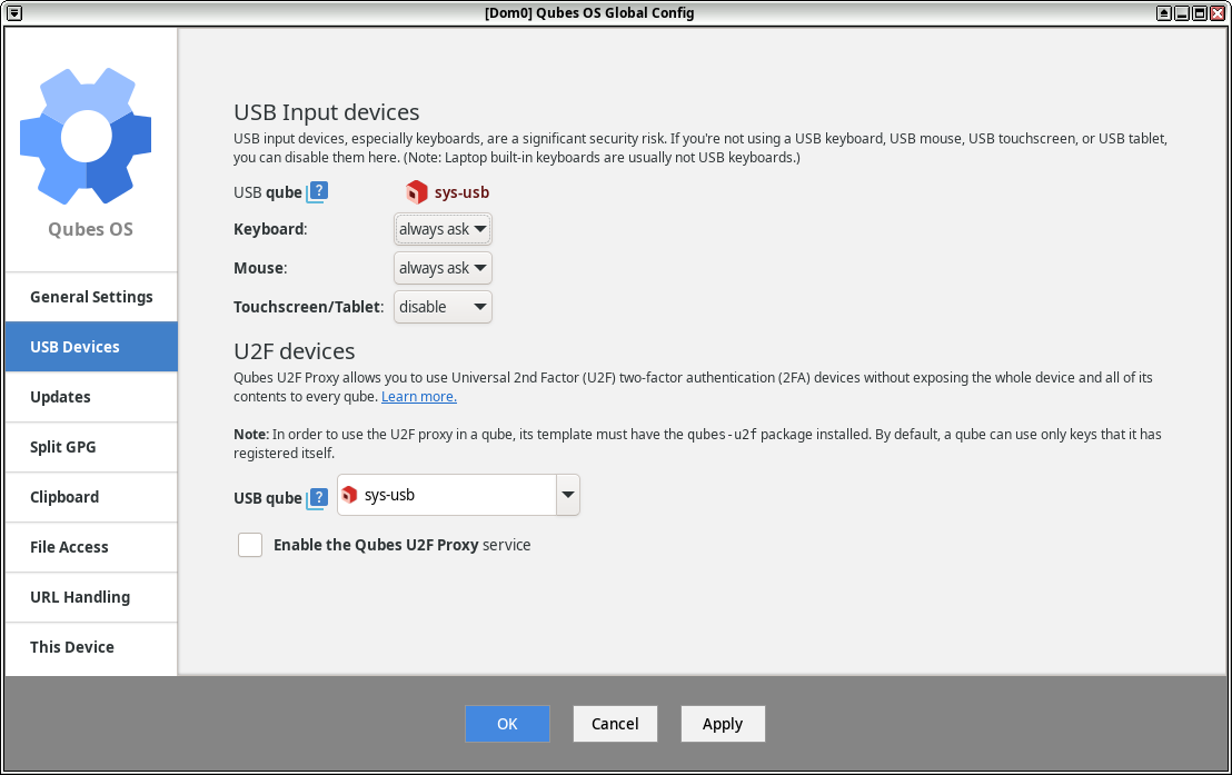 Screenshot of the Qubes OS Global Config tool