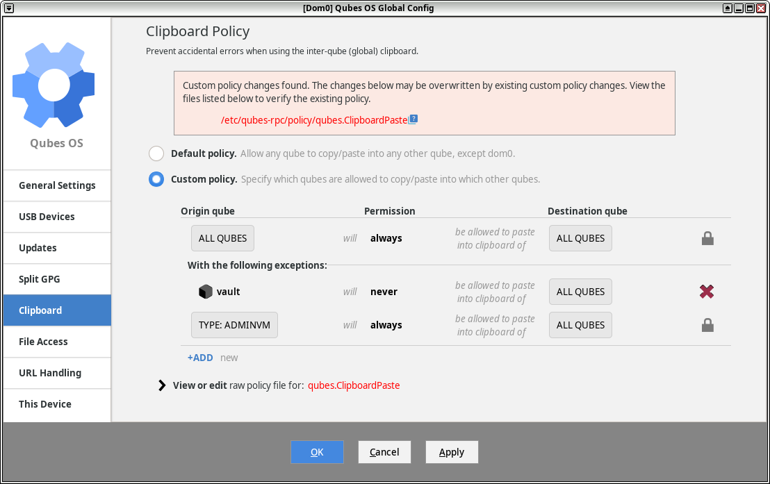 Screenshot of the Qubes OS Global Config tool