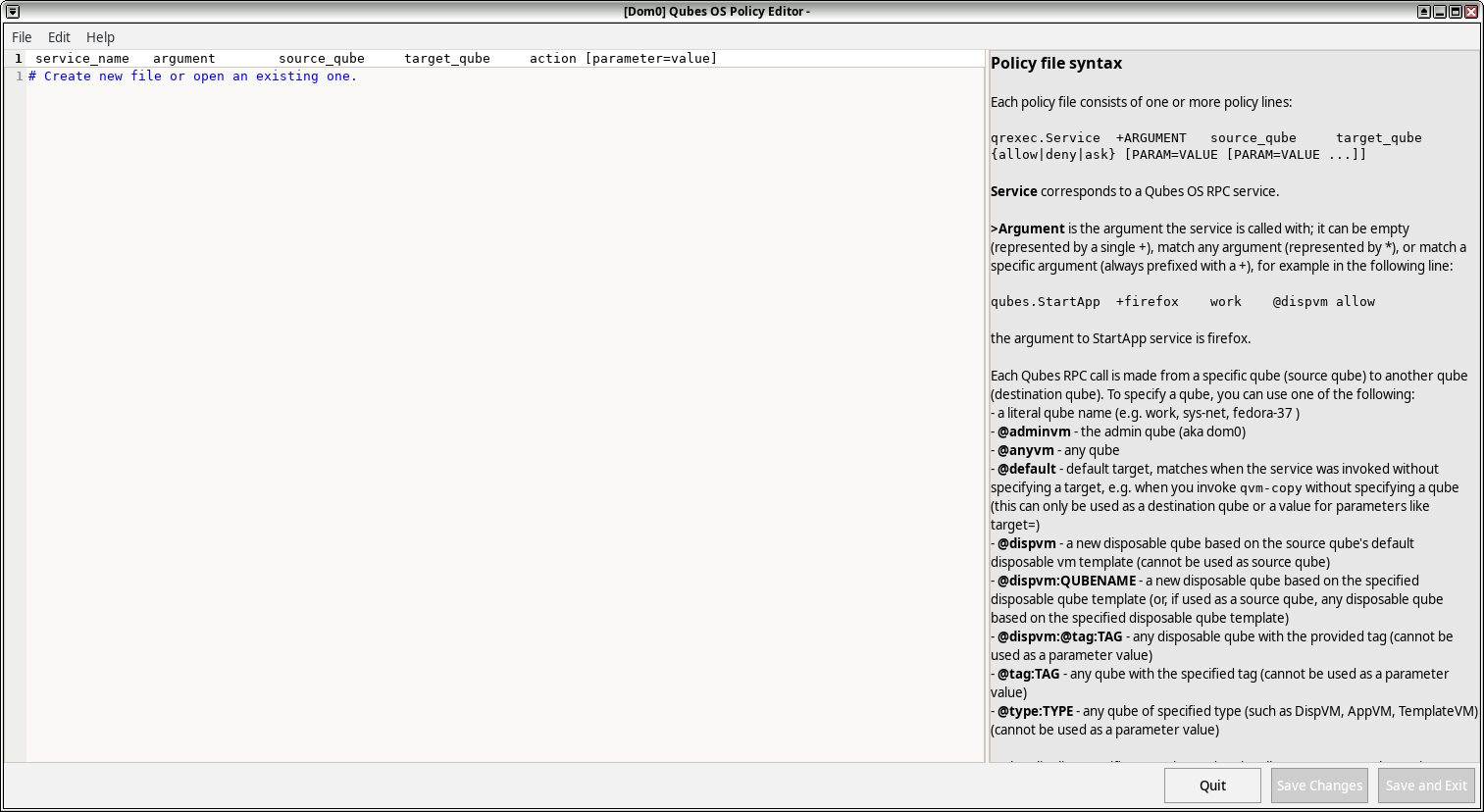Screenshot of the Qubes OS Policy Editor tool