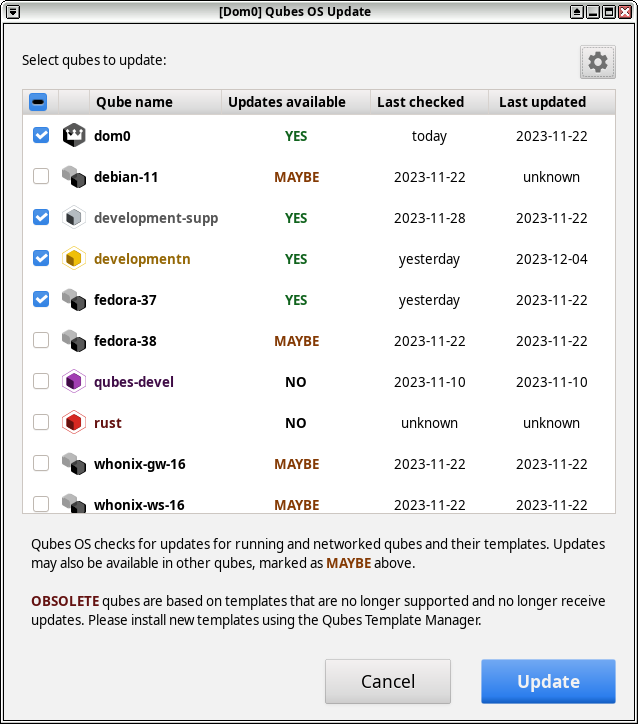 Screenshot of the Qubes OS Update tool